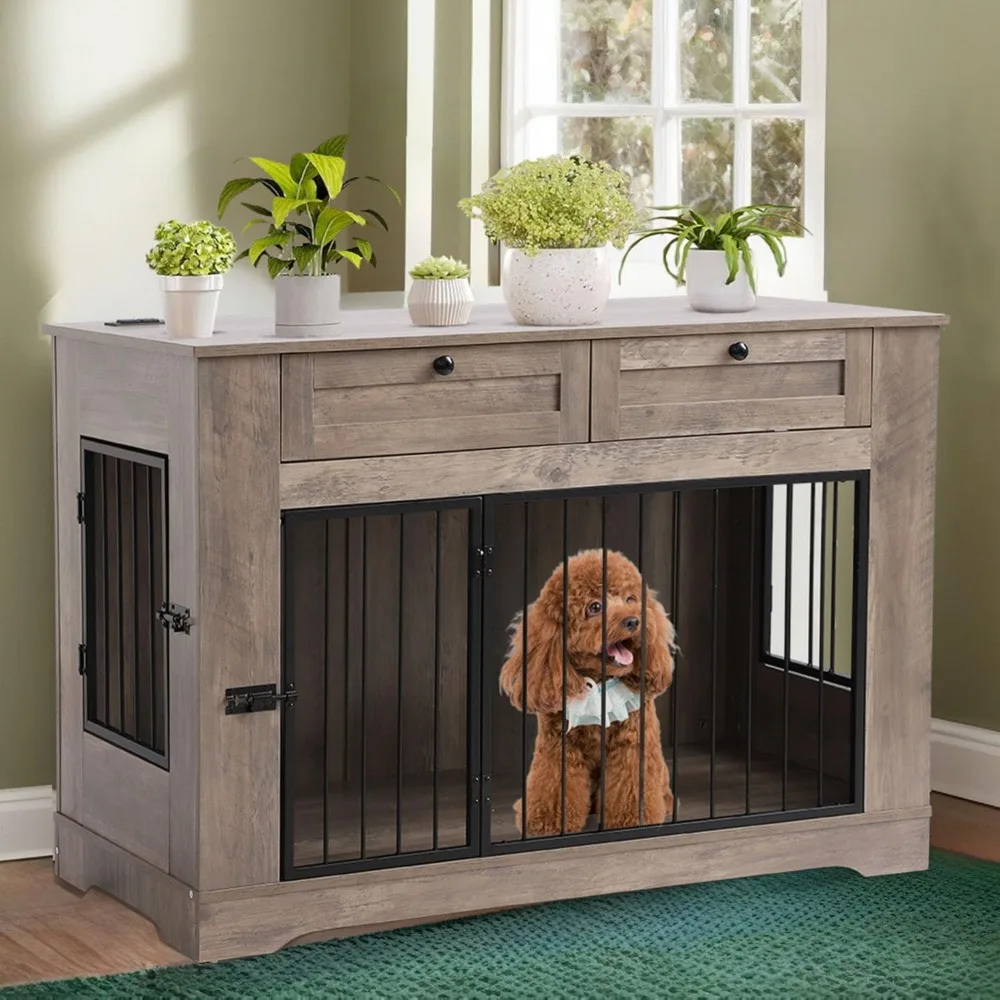 

Dog Crate Furniture TV Stand with Charging Station-47.24"Heavy Duty Dog Kennel Furniture tv table with 2 Drawers Storage,Indoor