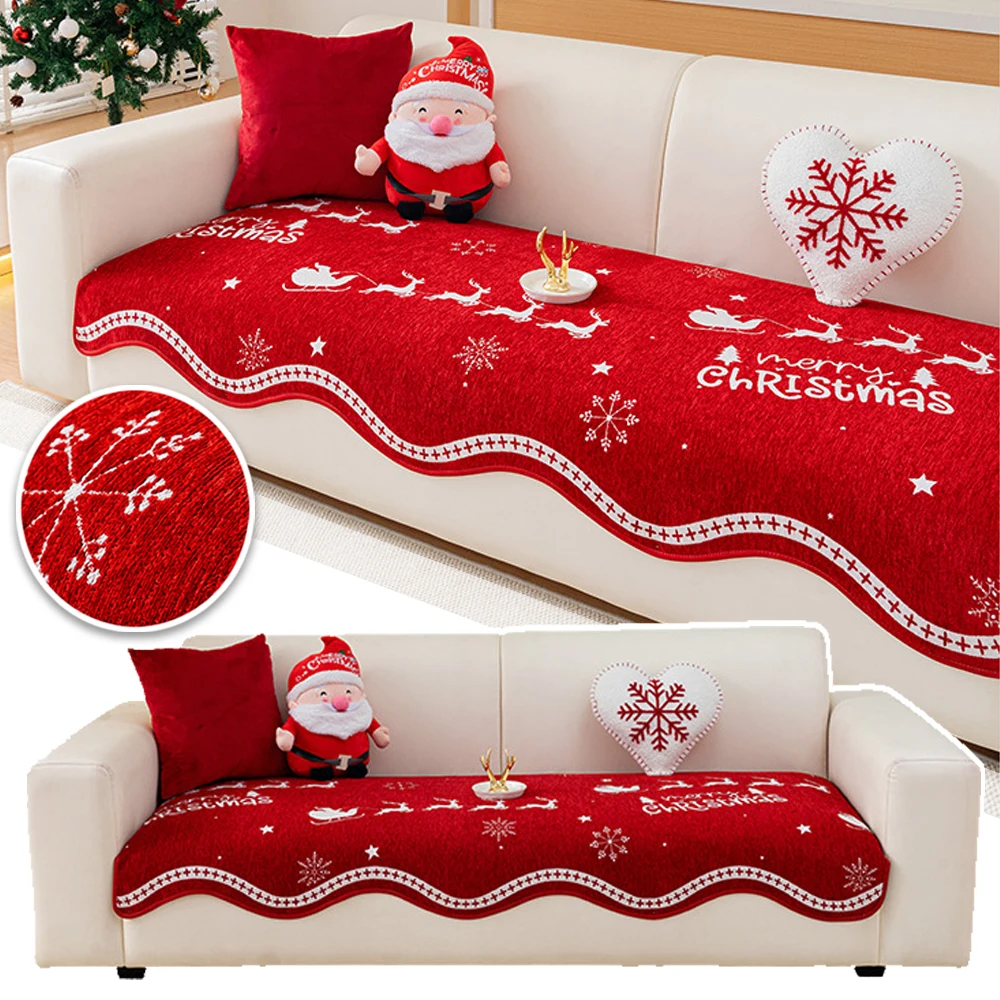 

2026 Christmas Tree Deer Pattern Sofa Cover Chenille Christmas Sofa Mat Cover Anti-Slip Fully Covered Sofa Covers Fabric Navidad