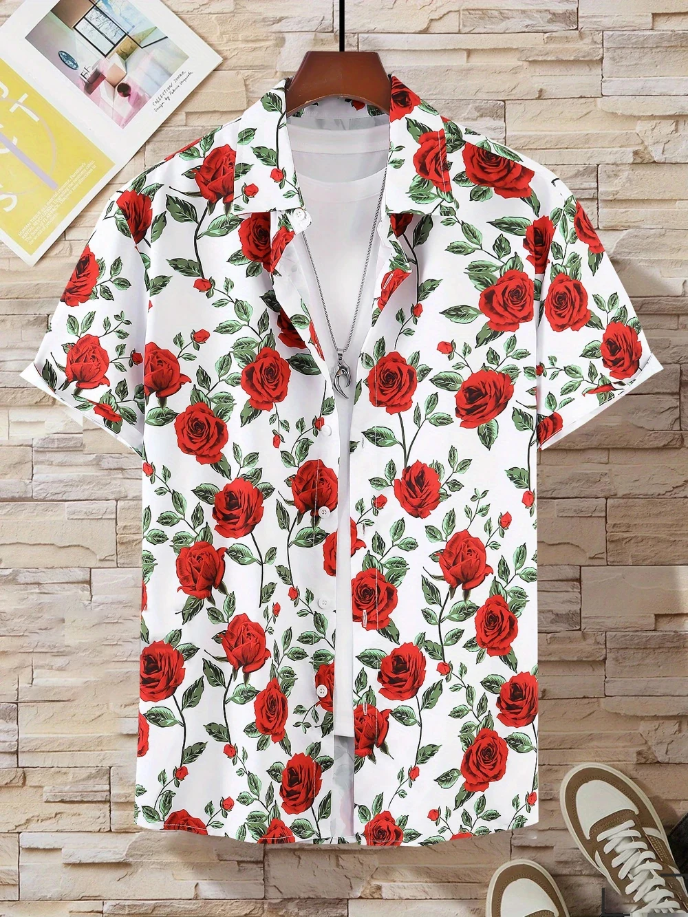 Men's Rose Botanical Printed Casual Shirt Short Sleeve Button Down Shirt