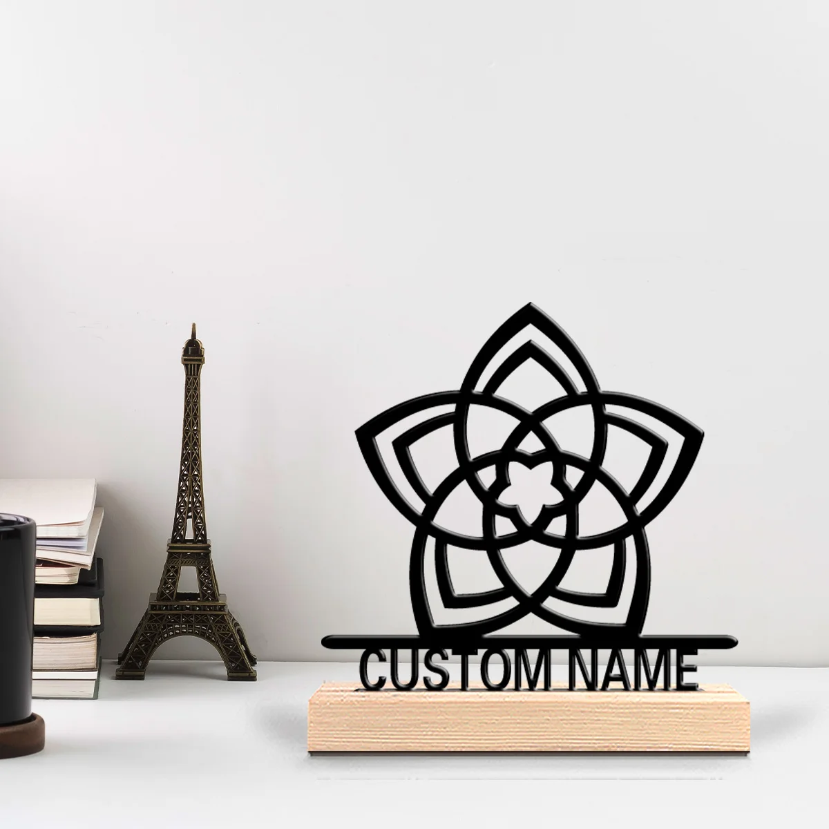 1pc Modern flower Customized Letter Metal Statue Iron Ornament With Wood Base Metal Sculpture With Wood Base Bedroom Table