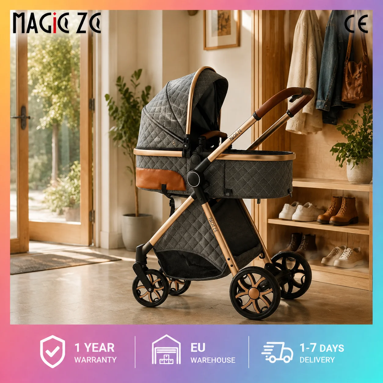 Poussette Bébé Luxe 3-en-1 avec Châssis en Alliage de Magnésium, Landau Convertible Haut de Gamme, Nacelle et Siège Auto de Sécurité, Système de Voyage Robuste avec Forte Capacité de Charge, Cadeaux Offerts