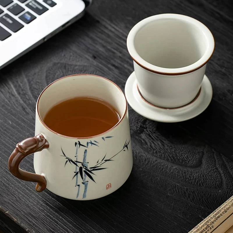

Chinese Style Tea Filtering and Separation Cups, With Cover Porcelain Personal Mugs, Home Bamboo Pattern Ceramic Office Cup, 1Pc