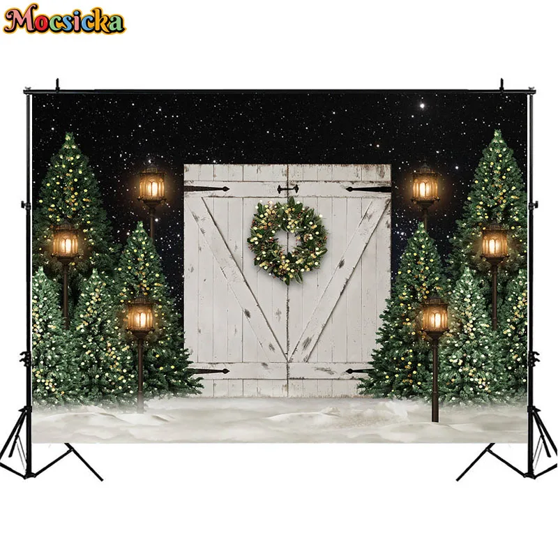 Merry Christmas Photography Backdrop Starry Night White Wooden Door Xmas Trees Winter Snow Kids Family Portrait Photo Background