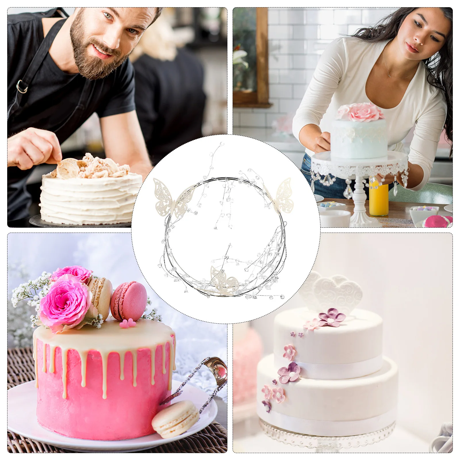 1Set Rhinestone Butterfly Cake Decoration Set Iron Big Ring Baking Cake Decor Adornment for Wedding Birthday Party