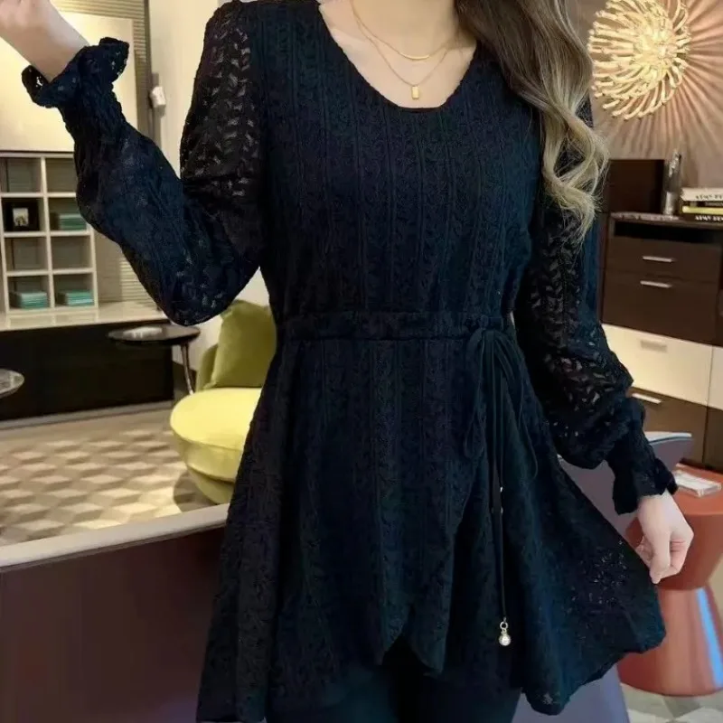 

Винтажная кружевная рубашка, женская блузка с длинным рукавом, v-образным вырезом на шнуровке, весенне-осенняя куртка, дизайнерские топы, верхняя одежда большого размера TT178