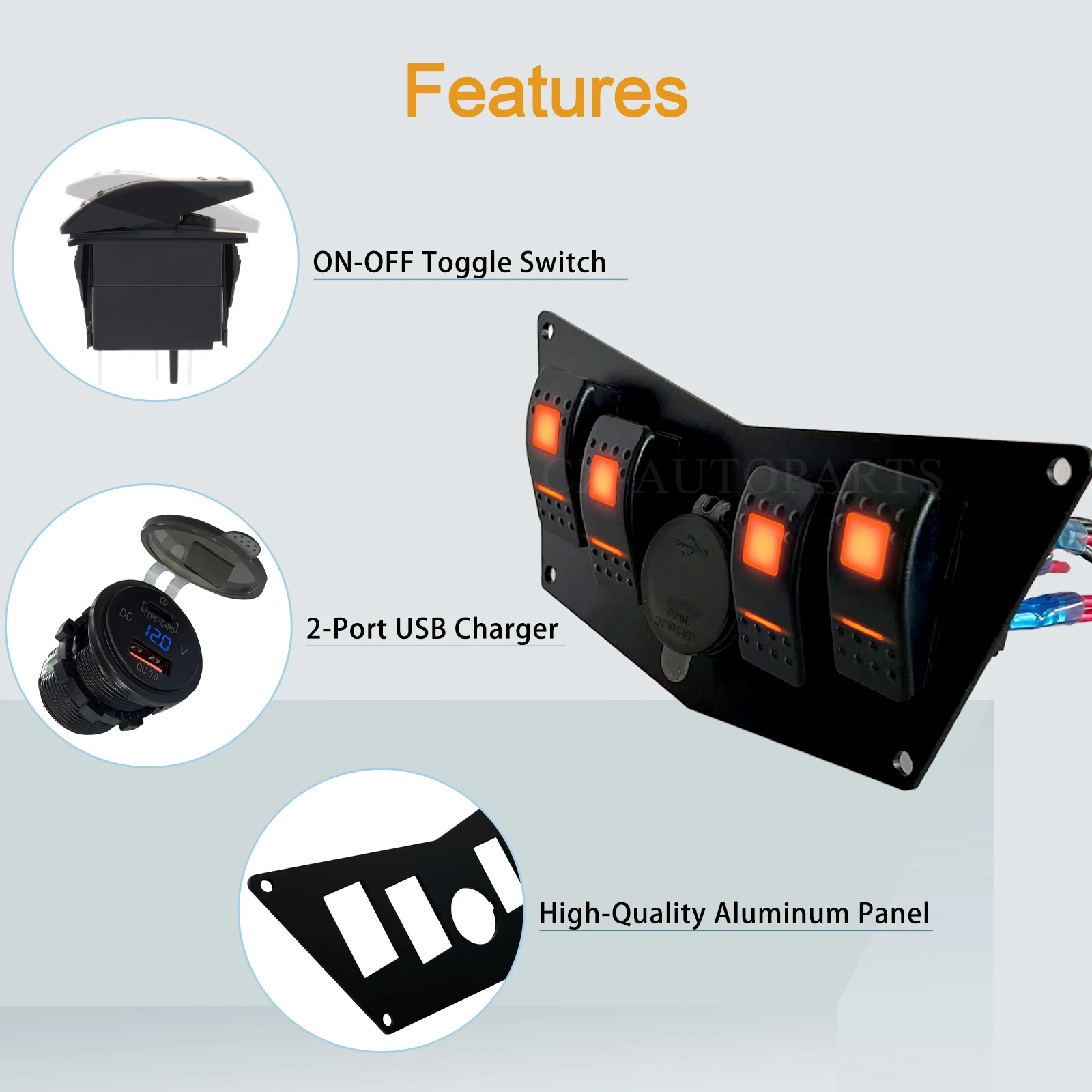 4 Gang Custom Rocker Switch Panel with QC3.0 USB-A & Type-C 12V ON-OFF Toggle Button for Polaris RZR Can-Am Maverick X3 Boat RV