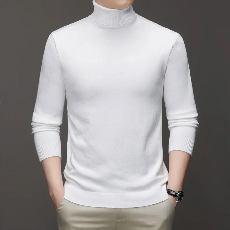เสื้อสเวตเตอร์คอเต่าแขนยาวทรงเข้ารูปสำหรับผู้ชาย ผ้าถักคุณภาพสูง ไม่เป็นขุย สีพื้น เสื้อพูลโอเวอร์แฟชั่น เสื้อผ้าผู้ชายทันสมัย