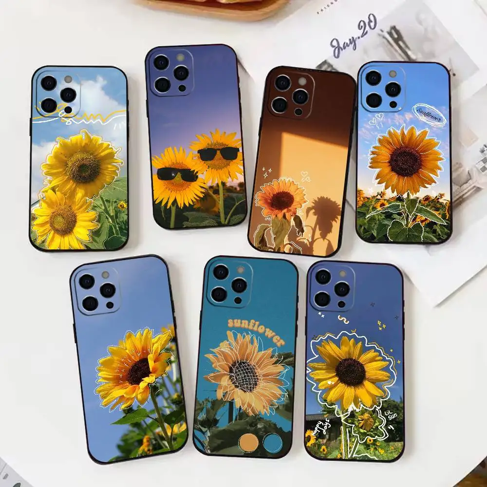 حافظة هاتف جميلة على شكل S-Sunflower لهاتف iPhone 17,16,15,14,13,12,11 Plus، Pro Max، XS، غطاء أسود من السيليكون الناعم