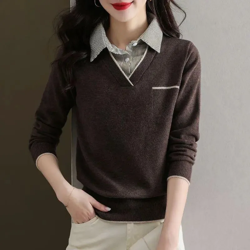 New Spring and Autumn Fashion Foreigner Fake Two Piece Short Shirt Collar Loose Versatile Women\'s Long Sleeve Knitted Sweater