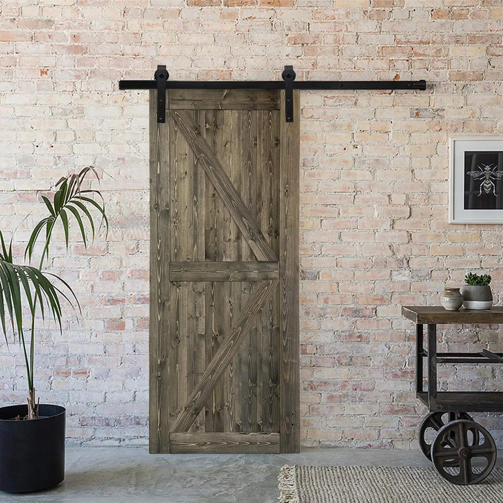 36 in. x 84 in. Sliding Barn Door with 6.6FT Barn Door Hardware Kit & Handle ，K Frame，Solid Spruce Wood，gray spray paint