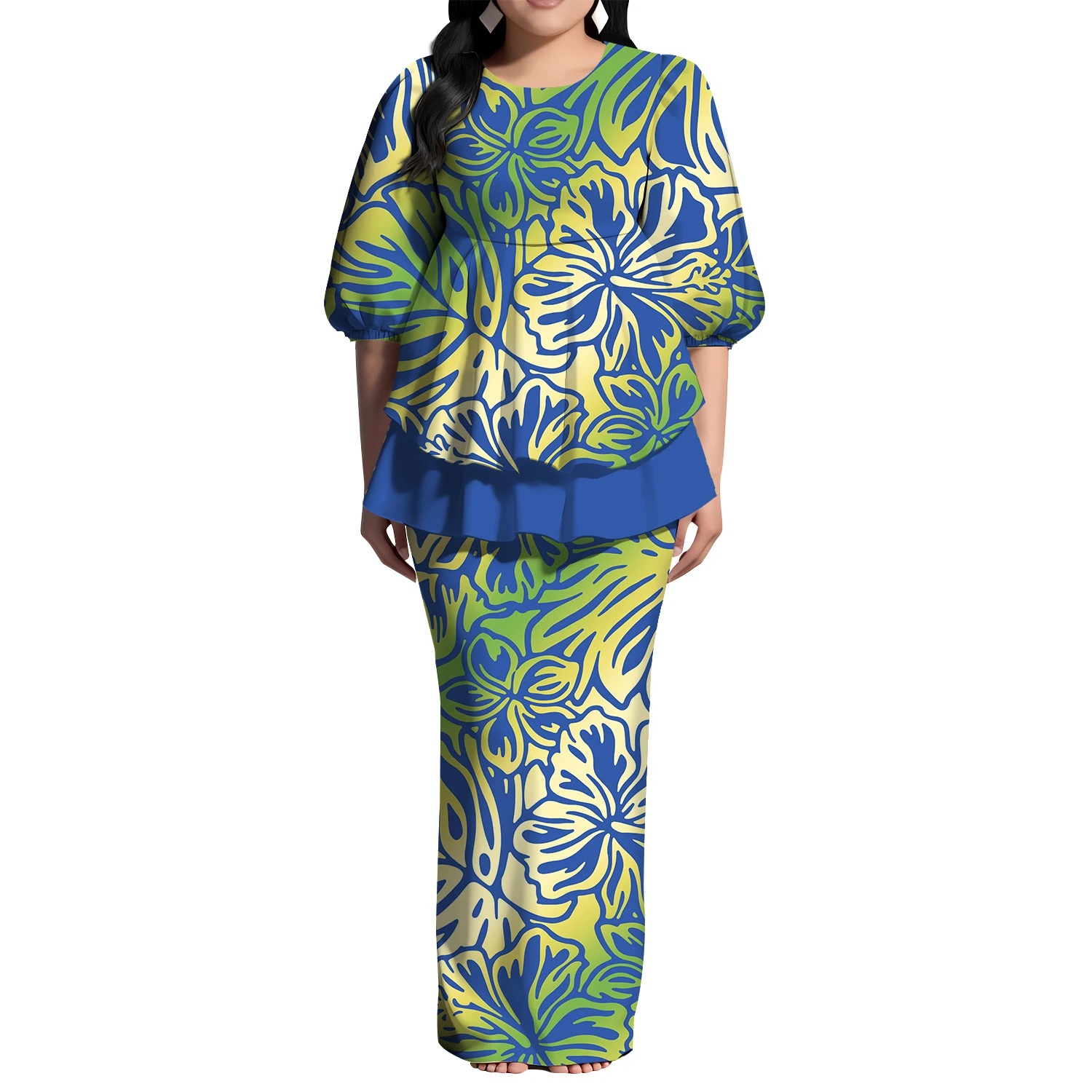 تصميم مجاني مخصص Lmage فستان نسائي صيفي متوسط الأكمام تنورة خلفية شق تصميم مرقع ذيل السمكة علوي بولينيزيا Puletasi #4