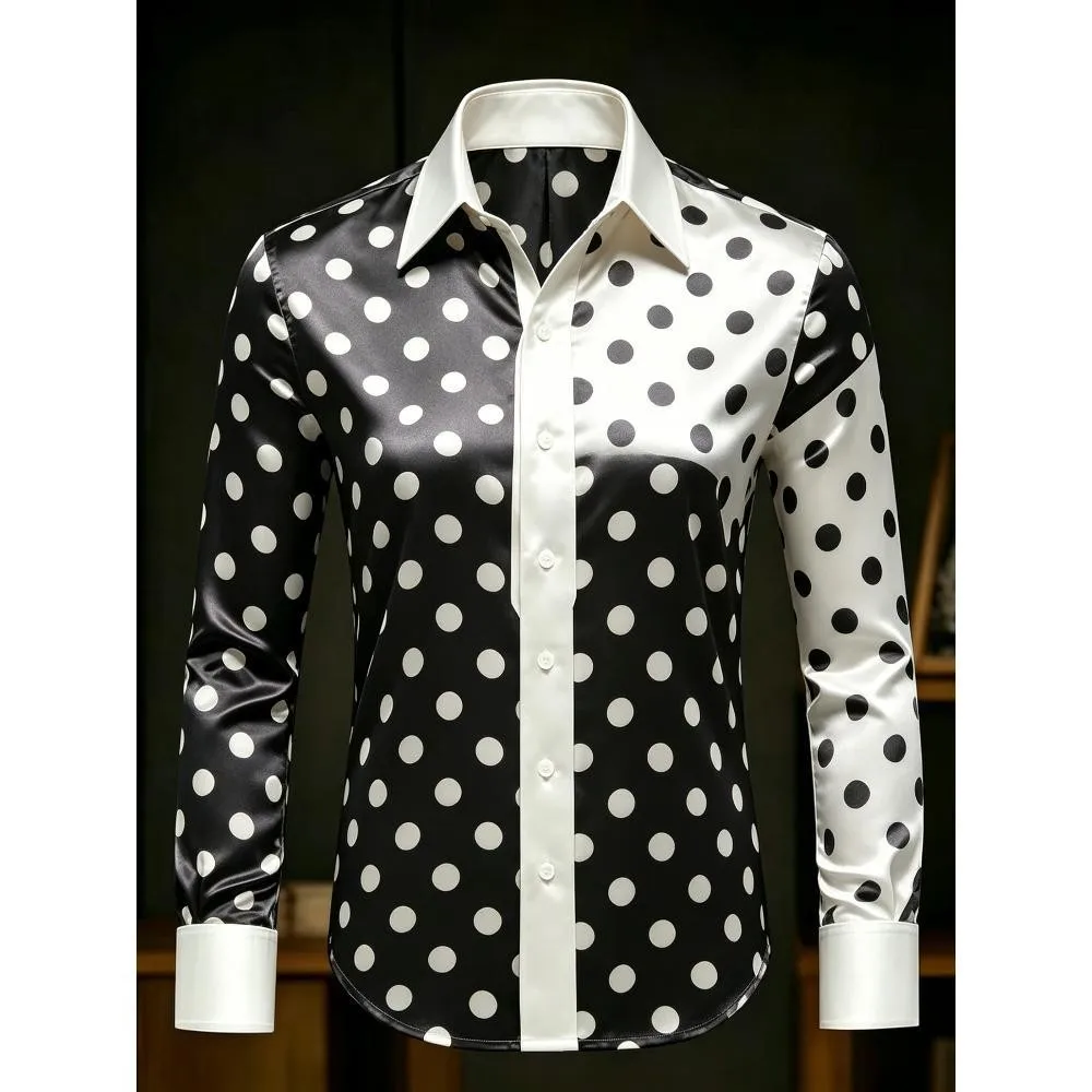2026 New Men's Luxury Satin Long Sleeved Shirt with Baroque Polka Dot Design and 3D Printed Pattern Suitable for Business Street