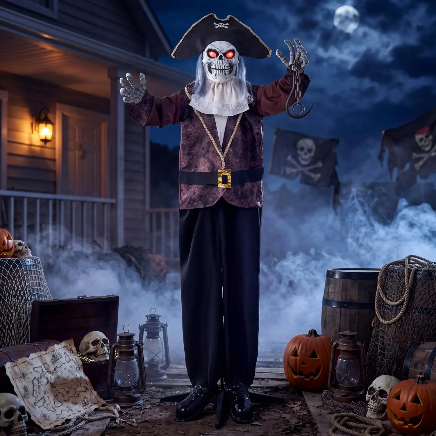 Halloween Animatronic Pirate Skeleton Captain Decoration, Life-Size Sound-Activated Outdoor Prop with Moving Jaw, Glowing Eyes and Sounds, Haunted House Yard Garden Lawn Decor