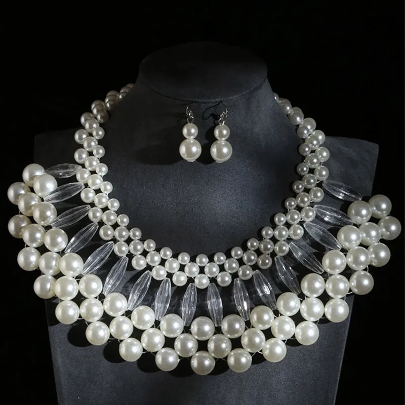 Handmade Collar Necklaces Simulated Pearl Beads Statement Necklace Earrings Sets For Women Bijoux Jewelry Sets Women Accessories