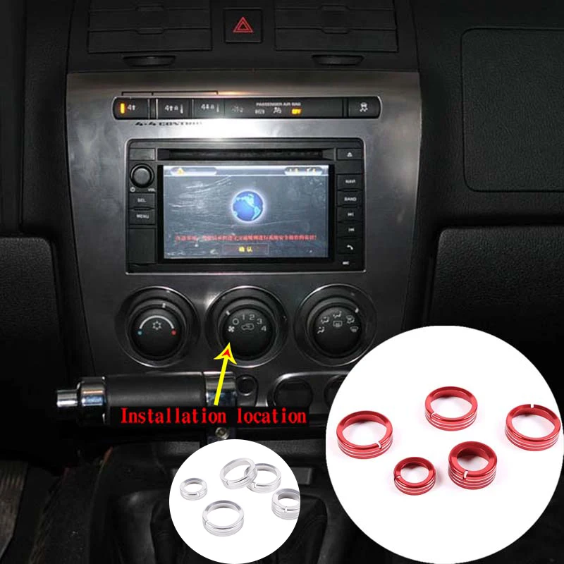 

5Pcs/set Aluminum Alloy Silver/Red Car Central Control Adjustment Knob Cover For 2005-2009 Hummer H3 Auto Interior Accessories