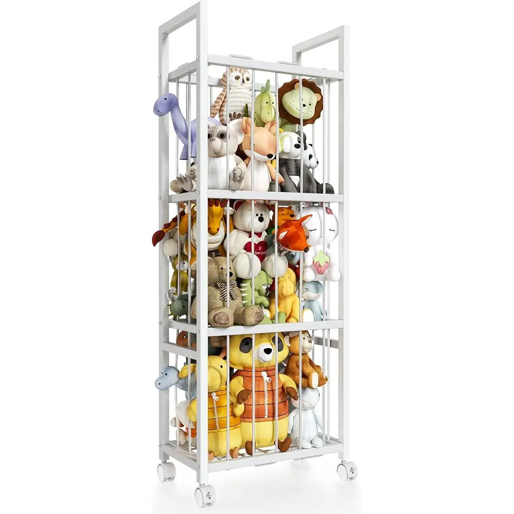 Organizador de Brinquedos de Metal com Rodas e Cordões Elásticos, Economia de Espaço, Grande Capacidade para Animais de Estimação ou Sala de Brincadeiras, Quarto