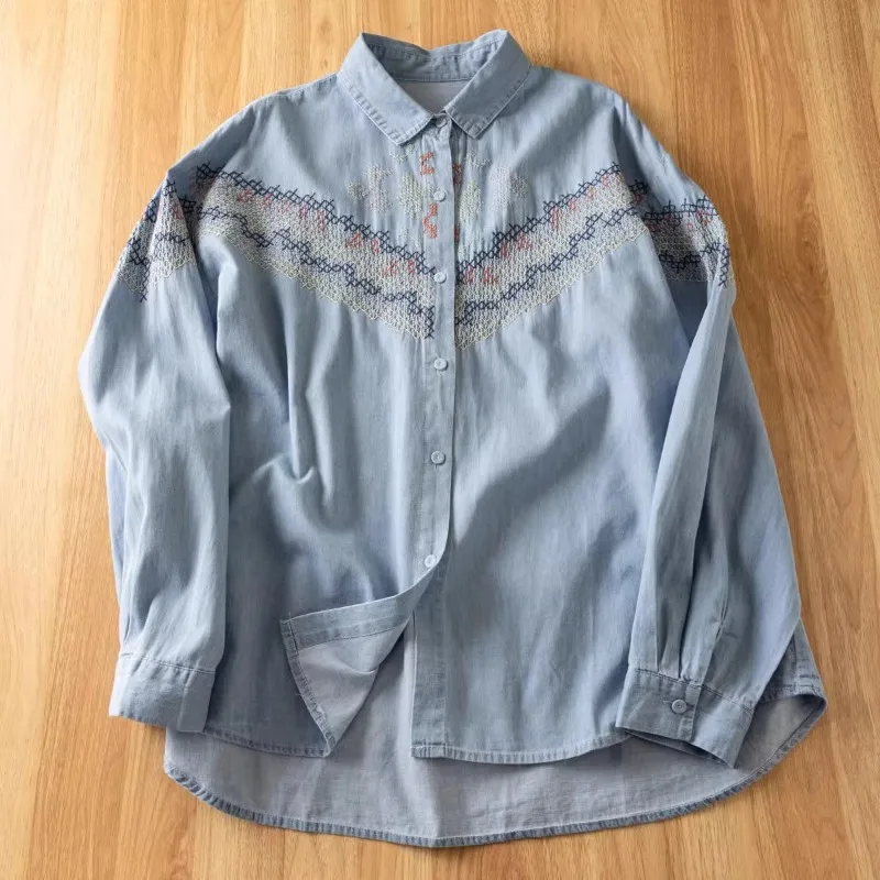 Women's Embroidery Jeans Jacket Washable Denim Long Sleeves Shirt Spring Autumn New Literary Cute Youthful Shirt Embroidery