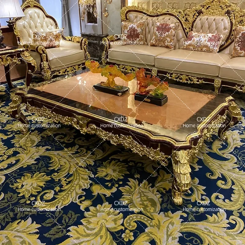 Solid Wood Large Coffee Table Luxury Rectangular Neoclassical Natural Veneer Living Room Furniture