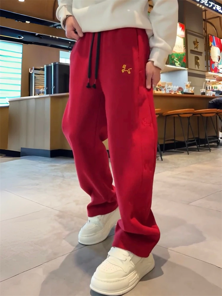 

High-End Fce-Lined Straight Leg Casual Pants Men's Winter Versatile Loose Comfortable Spor Sweatpants Heavy Embroidery