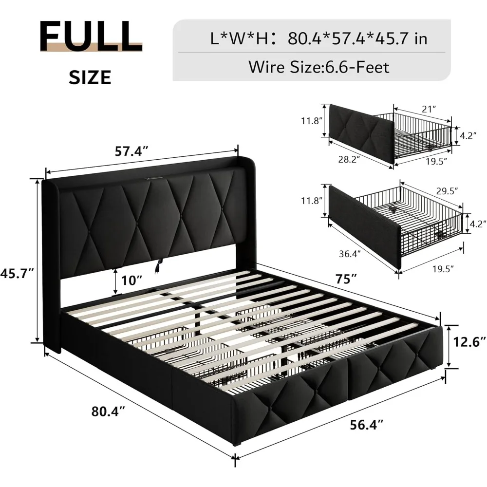 iPormis Full Size Bed Frame with 4 Storage Drawers, Upholstered Platform Bed Frame with Charging Station, Modern Wingback Storag