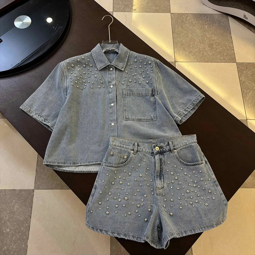 

Rhinestone Solid Color Denim Shirt Shorts Womens Two Piece Set Polo Collar Loose Fit Short Sleeve Top Casual Shirt Shorts Set