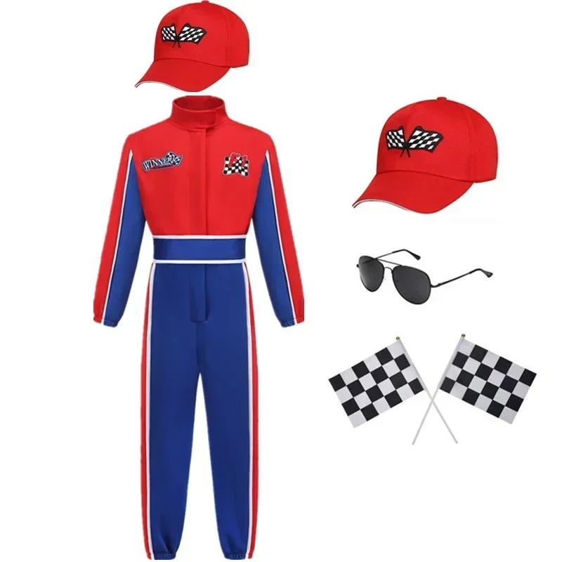 Kids Boys Halloween Race Car Driver Cosplay red Racer Uniform Children`s Racing Driver Costume Fancy Dress Masquerade Costume