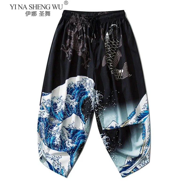 

Japanese Style Harajuku Men Trousers Sakura Samurai Costume Loose Fashion Women Traditional Bloom Waves Crap Pants Haori