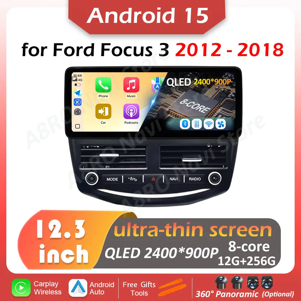 QLED 2400*900P for Ford Focus 3 2012 2013 - 2018 Car Multimedia Radio Player Android 15 System Carplay DSP WIFI Split Screen
