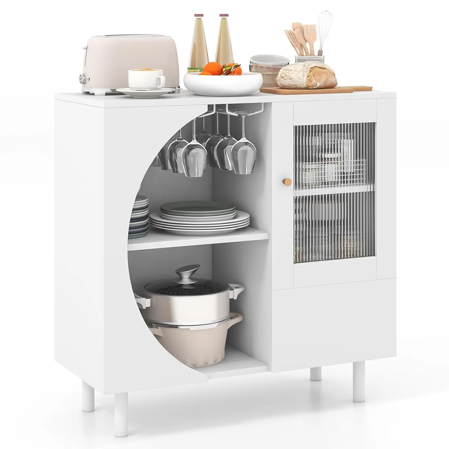 Aparador con Almacenamiento, Aparador de Cocina de Madera con Soporte para Copas, 2 Armarios, Vinoteca Independiente, Personalizable