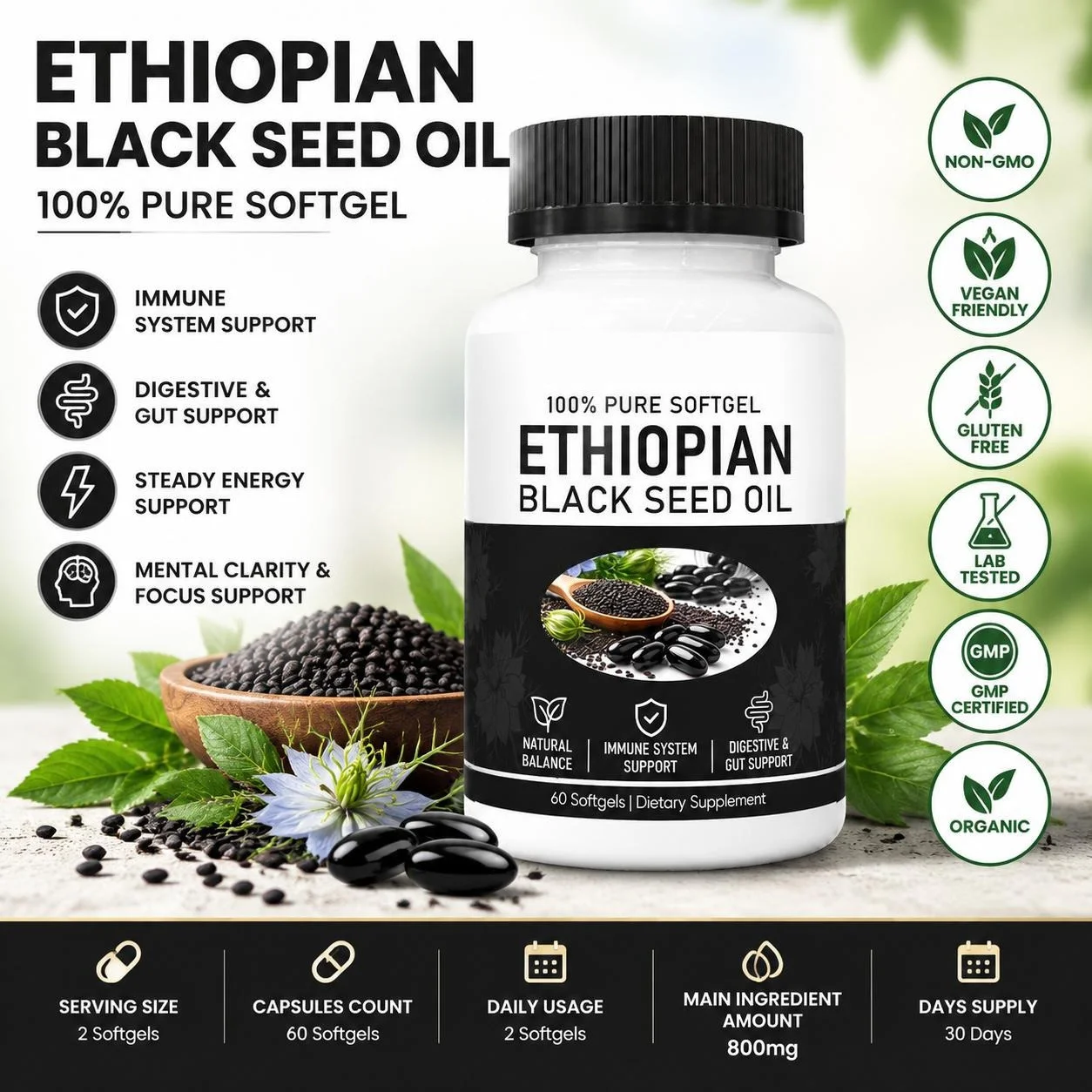 Ethiopian Black Seed Oil Softgels 800mg with Thymoquinone for Immune System, Digestive & Gut Health, Energy Support 60 Softgels