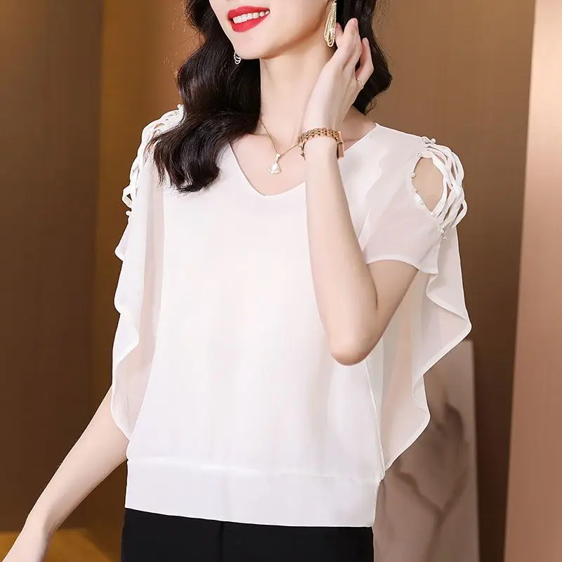 Korean Elegant Batwing Sleeve Chiffon Shirt Summer V-Neck Commute Solid Color Casual Female Clothing Loose Chic Beading Blouse