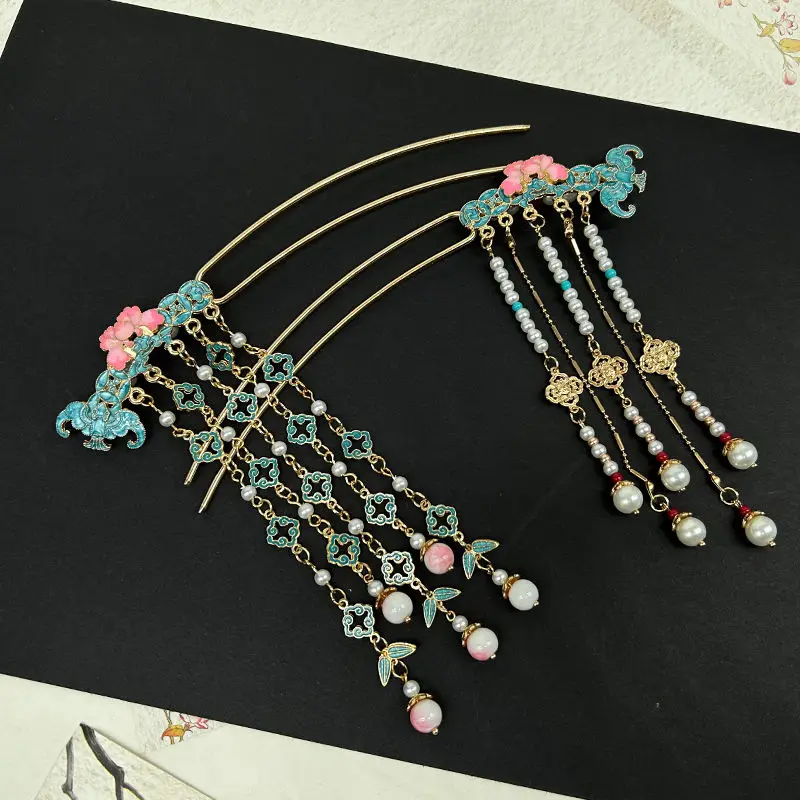 Womens Gold-plated Blue Flowers Beaded Tassel Hairpin Chinese Headwear