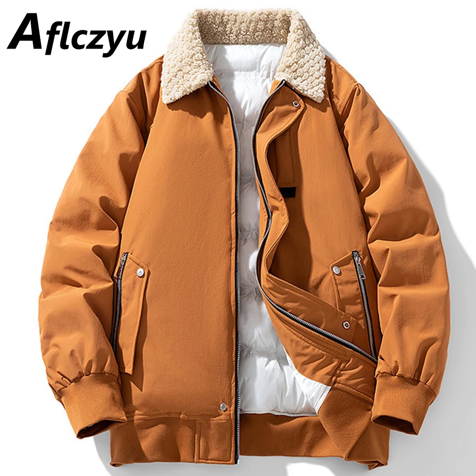 Parkas Men Winte Thick Jacket Coat Fashion Casual Solid Color Waterproof Parkas Male Winter Outerwear Black Orange