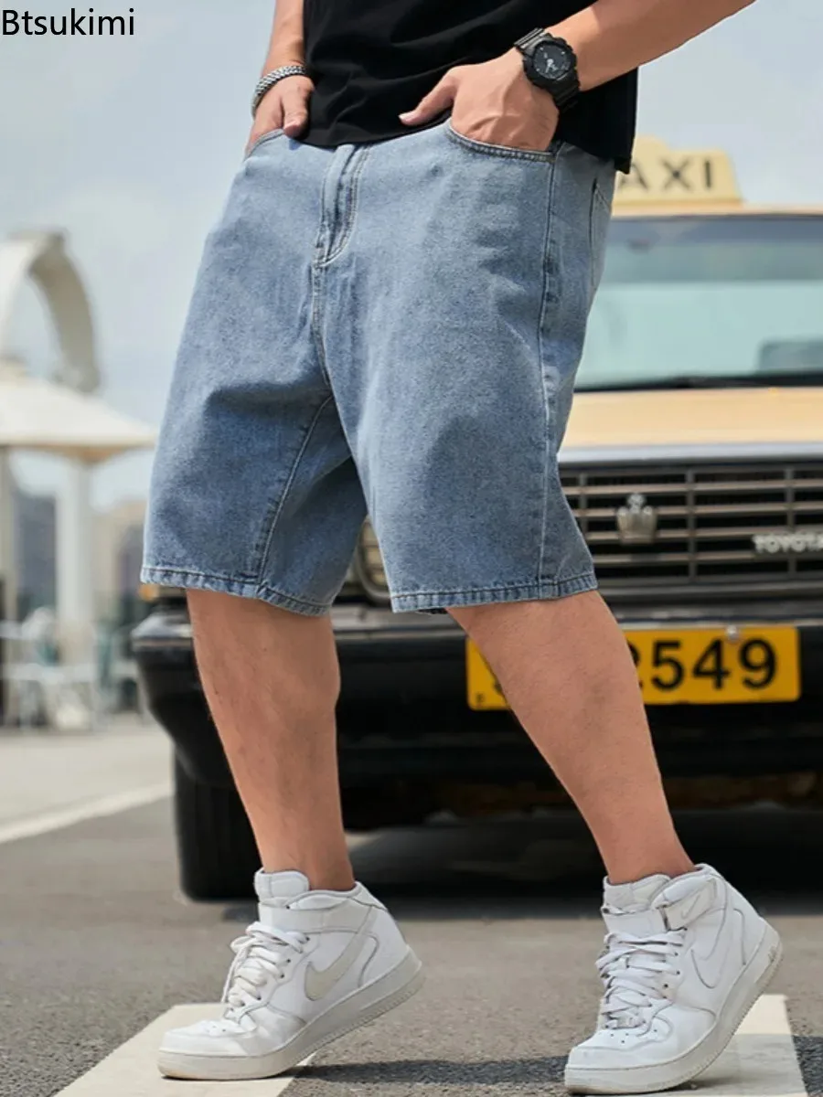 New Men's Plus Size Denim Shorts Summer Casual Five Point Pants Oversized Loose Wear Resistant Mid Jeans Shorts for Big Fat Guys