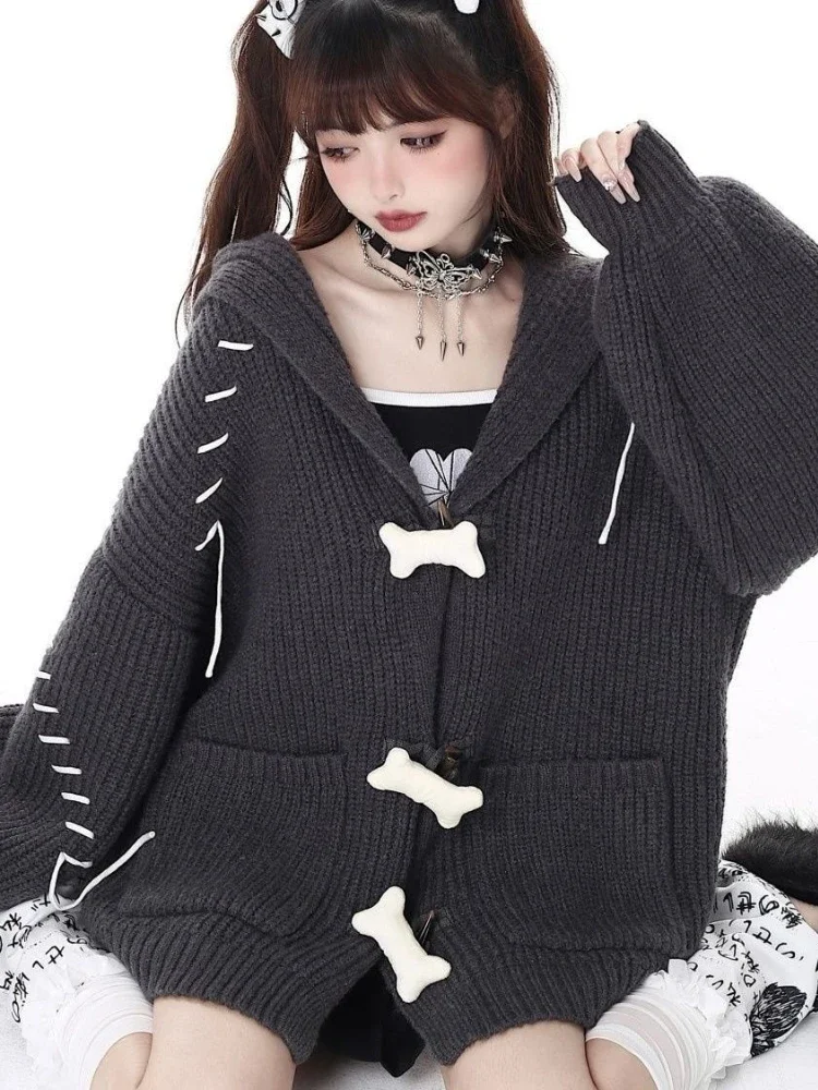 Deeptown Y2K Harajuku schwarz übergroße Strickjacke Frauen Grunge Kpop grau Strick pullover Herbst Winter Kapuze Strick jacke Jacken