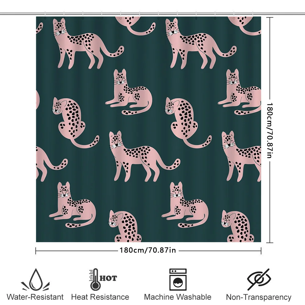 Pink Leopard Print Shower Curtain Set for Bathroom Decor Modern Green Background with Black Spots Cat Design Pattern Cover with view 6