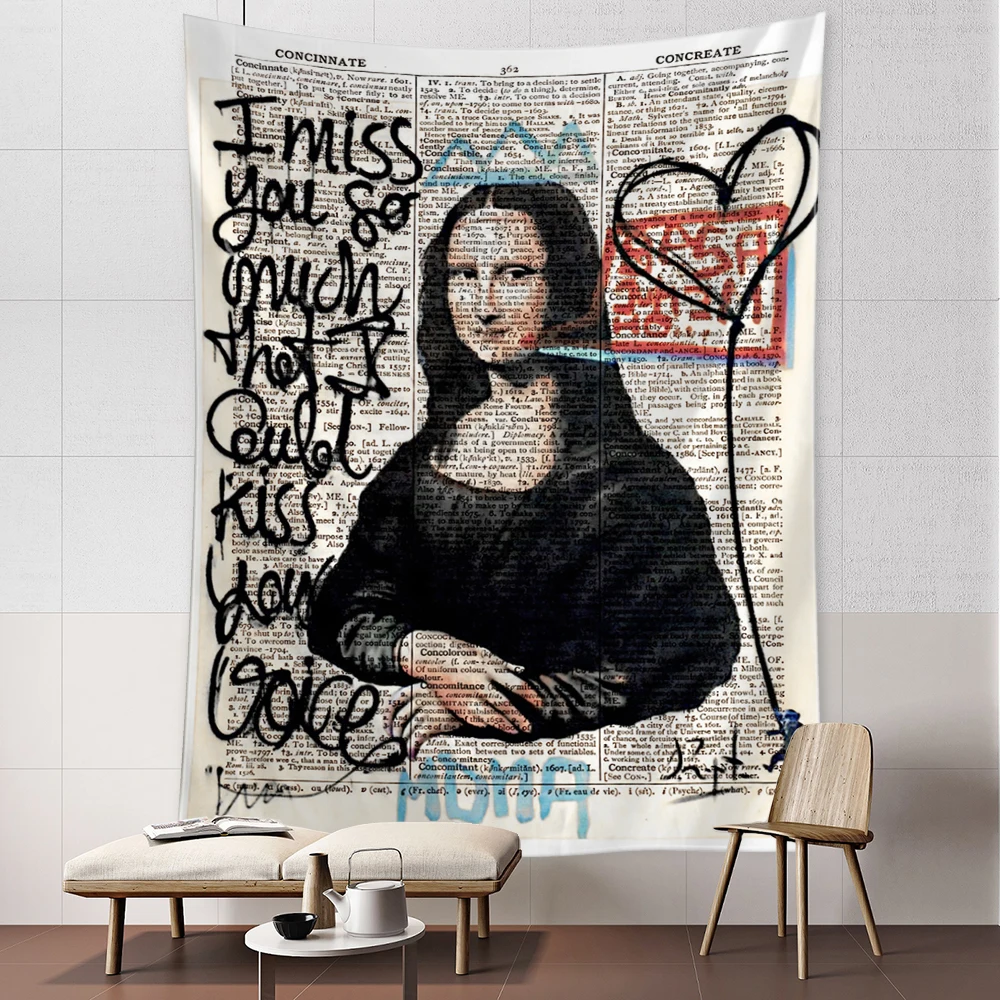 Mona Lisa Graffiti Tapestry Wall Hanging Bohemian Beach Mat Polyester Blanket Yoga  Home Bedroom Art Carpet