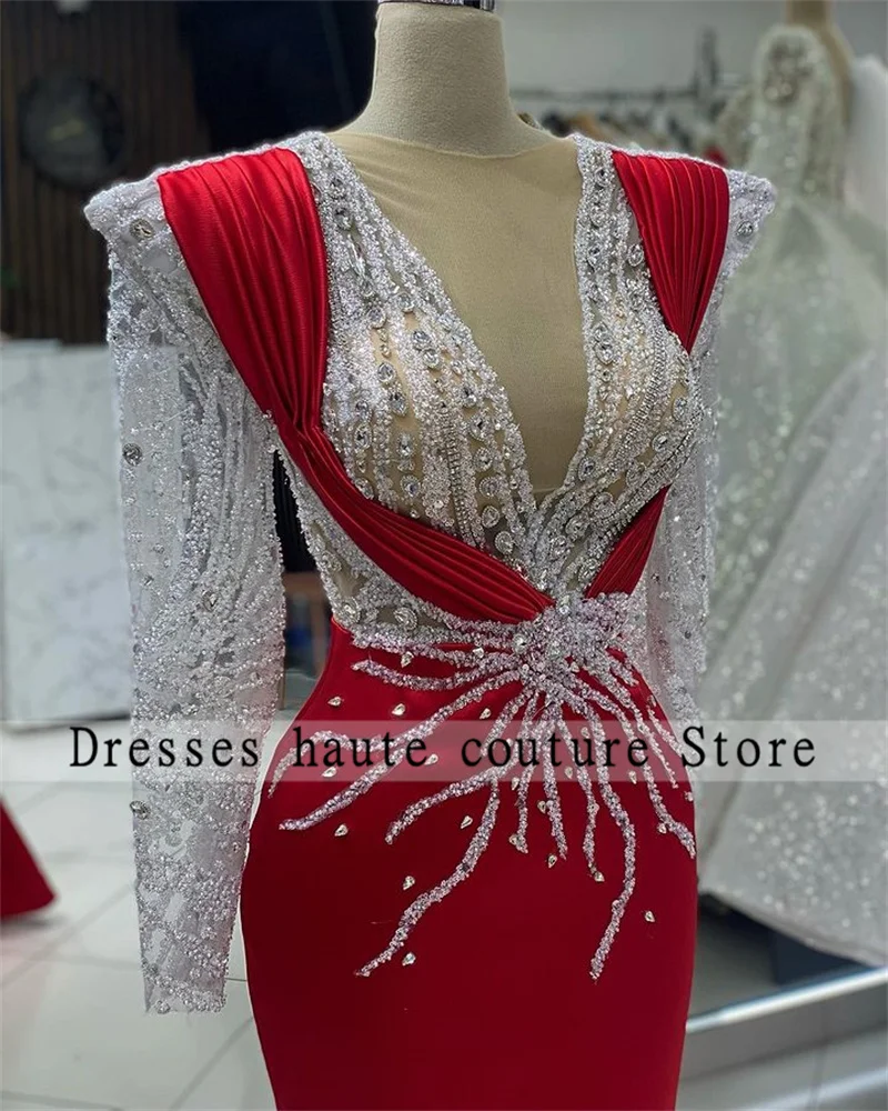 Luxury Red Beaded Lace Long Sleeves Mermaid Arabic Evening Dresses 2024 Elegant Mexican Crystals Dubai Wedding Party Dress