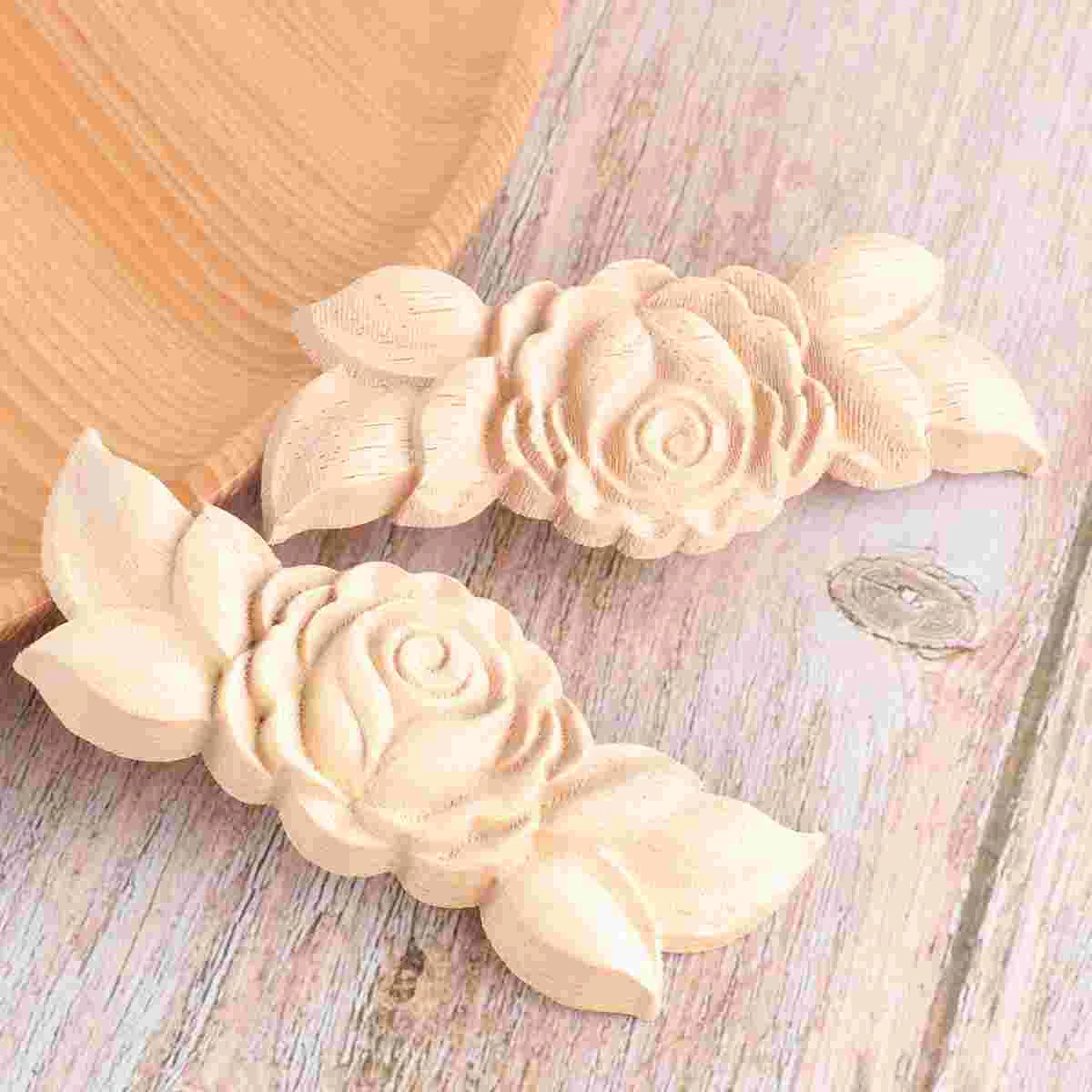 2 Pcs Cabinet Corner Decal Wooden Decoration Roses European Style Furniture Carving Applique Ornament