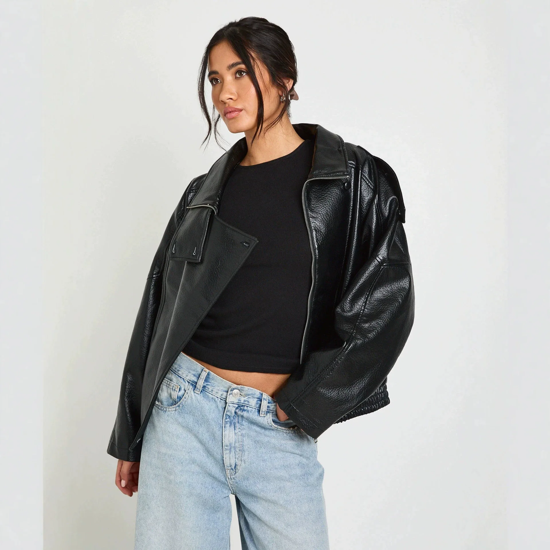 New Arrival Cropped Oversize Bomber Jacket Zip-Up Long Sleeve Coats Motorcycle Jackets Faux Leather Black Jackets For Woman