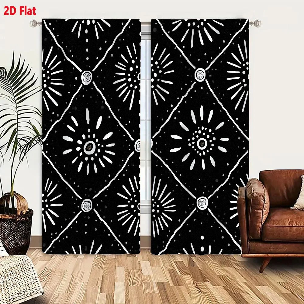2Pcs Curtains 2D Flat Black And White Seamless Pattern With Hand Drawn Doodle Style Geometric Floral Motifs Diamond Shapes Radia