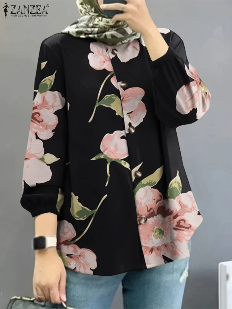 Women Lapel Neck Long Sleeve Blouse ZANZEA Bohemian Floral Printed Shirt Dubai Turkey Abaya Hijab Blusas Muslim Tops Islamic