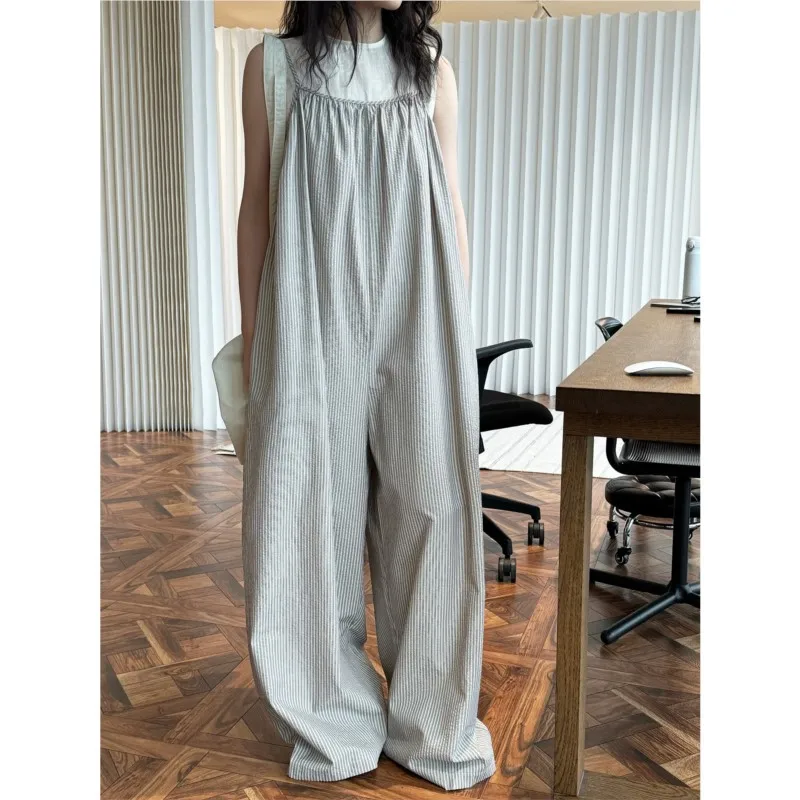 

Johnature Summer New Japanese-style Lazy Retro Striped Jumpsuit Wide-leg Casual Women Sleeveless Loose Long Bodysuits