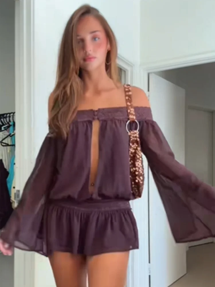 

Сексуальное прозрачное сетчатое мини-платье с расклешенными рукавами и открытыми плечами, с вырезами, короткое, для летних вечеринок, новые женские платья