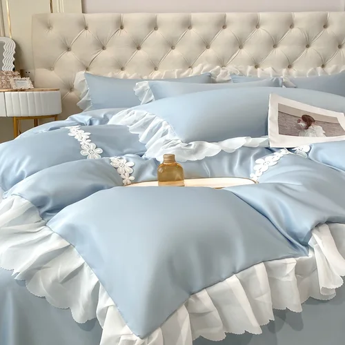 2025 New Arrival Luxury Bedding Set, Ice Silk, Korean - Style with Ruffles and French - Style Lace, for 1.2m - 2.0m Beds 