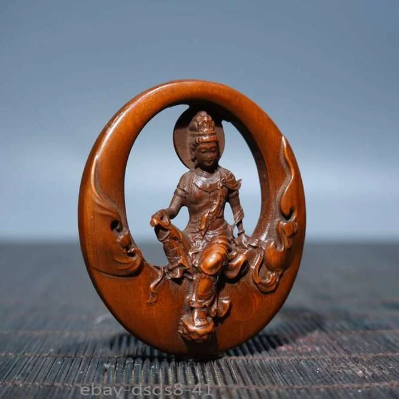 Vintage Boxwood Hand Carved Kwan Yin Pendant Chinese Hollow Guanyin Desktop Collectible Ornament