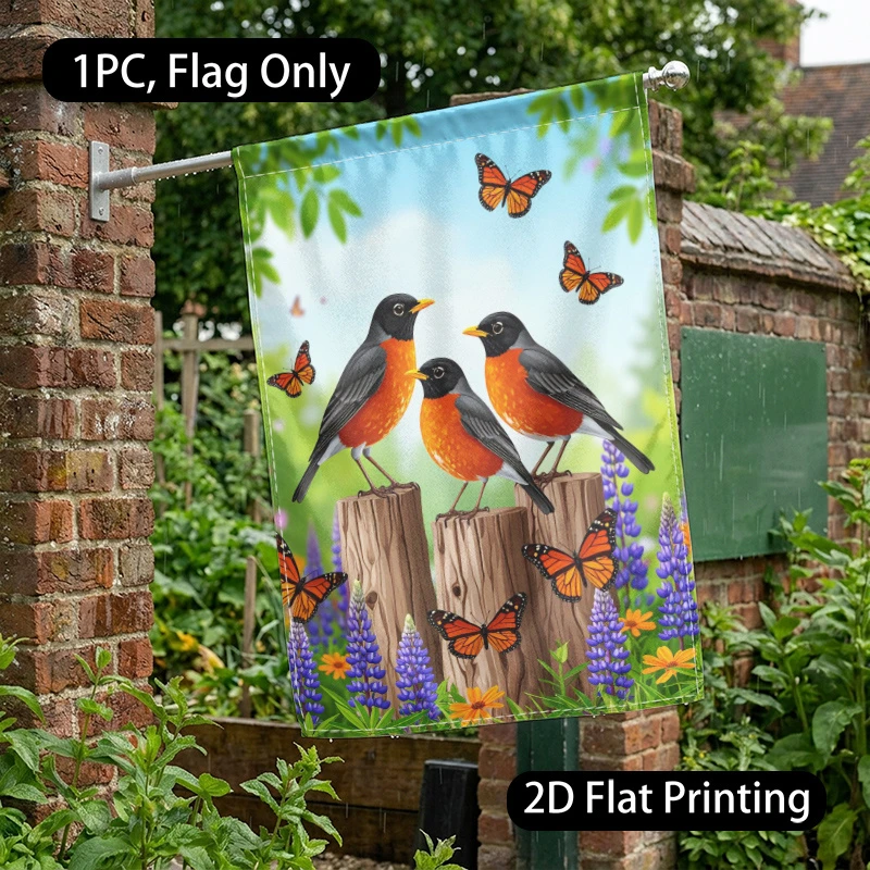 1pc Spring Robin Birds Monarch Butterfly Garden Flag 2D Flat Printed Outdoor Yard Decor Flag Only