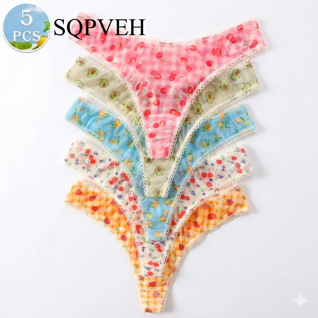 5 Pack Women's Lace Trim Briefs, Mixed Fruit Print Low Rise Sheer Panties