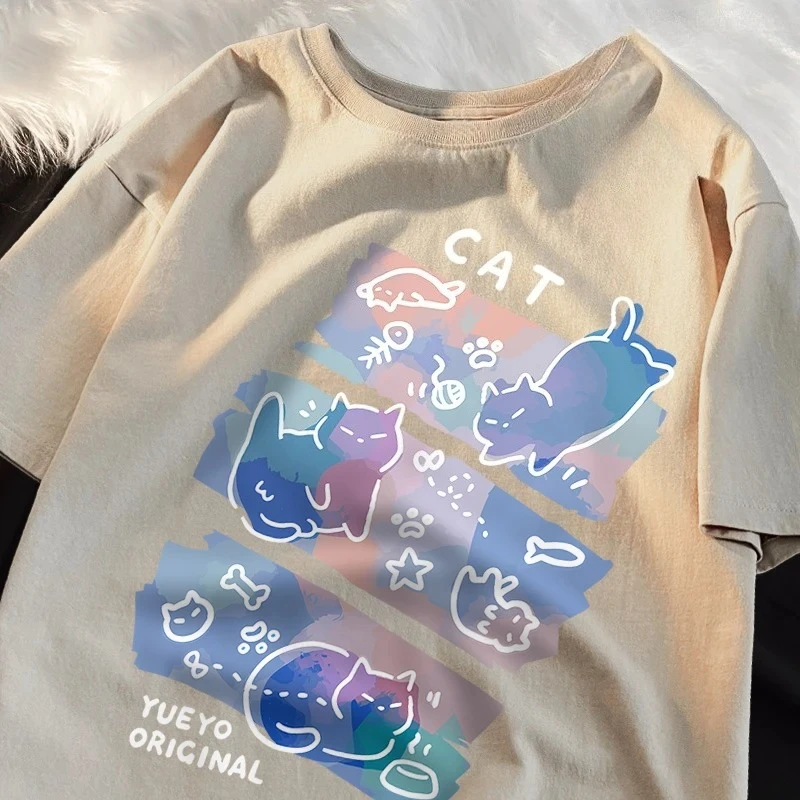 Diversão gato travesso impresso estilo japonês camisetas moda feminina respirável verão camisetas casuais roupas criativas