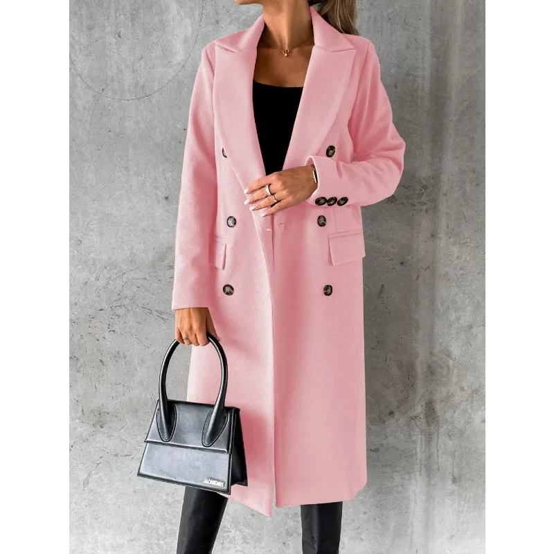 Autumn Winter Women Loose Trench Jacket Top Elegant Fashion Long Sleeve Lapel Collar Pocket Double Breasted Long Coat Overcoat